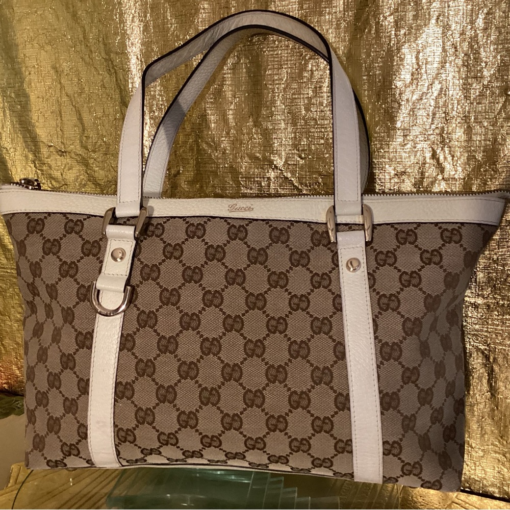 Gucci Brown and White Tote Bag with Monogram CanvasGucci